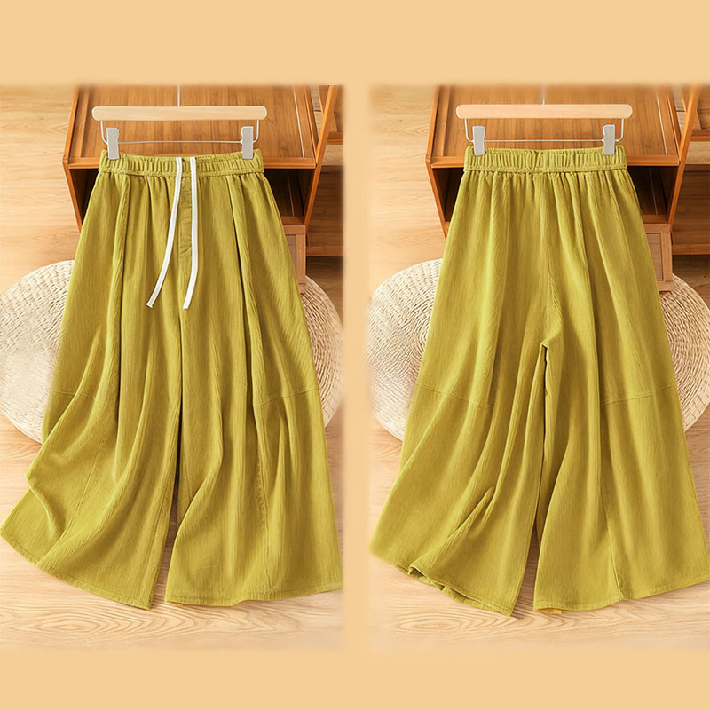 Plain Elastic Waist Women's Cropped 7-8 Length Wide Leg Corduroy Pants