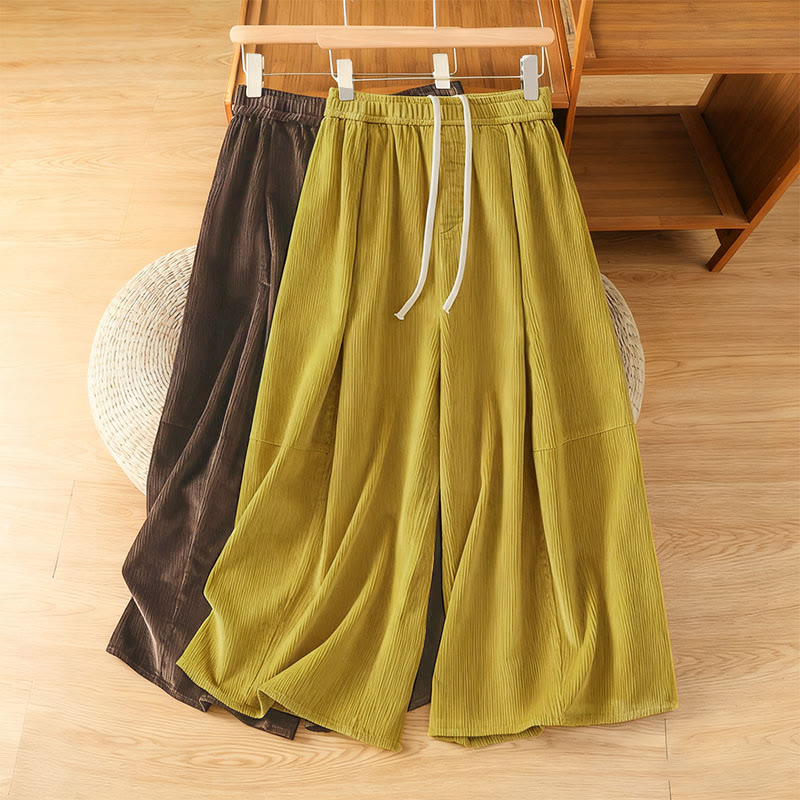 Plain Elastic Waist Women's Cropped 7-8 Length Wide Leg Corduroy Pants