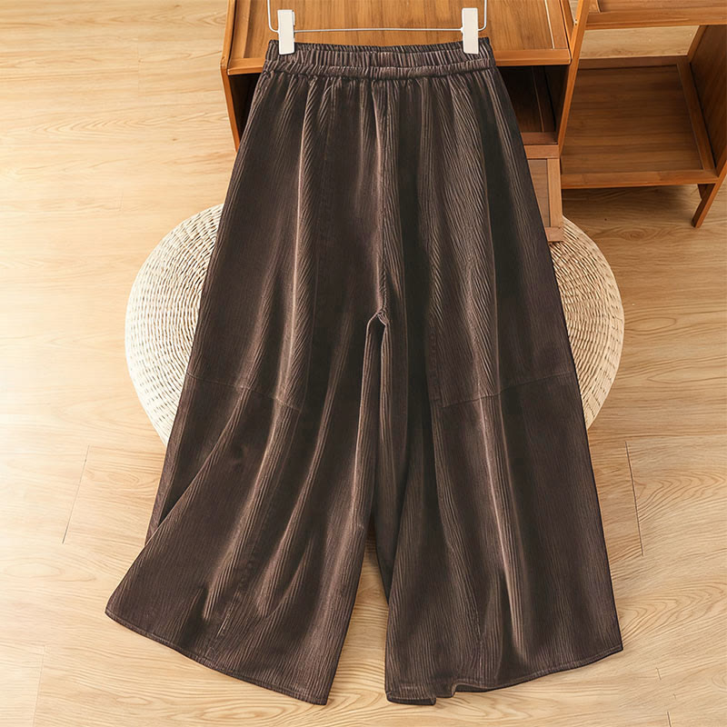 Plain Elastic Waist Women's Cropped 7-8 Length Wide Leg Corduroy Pants