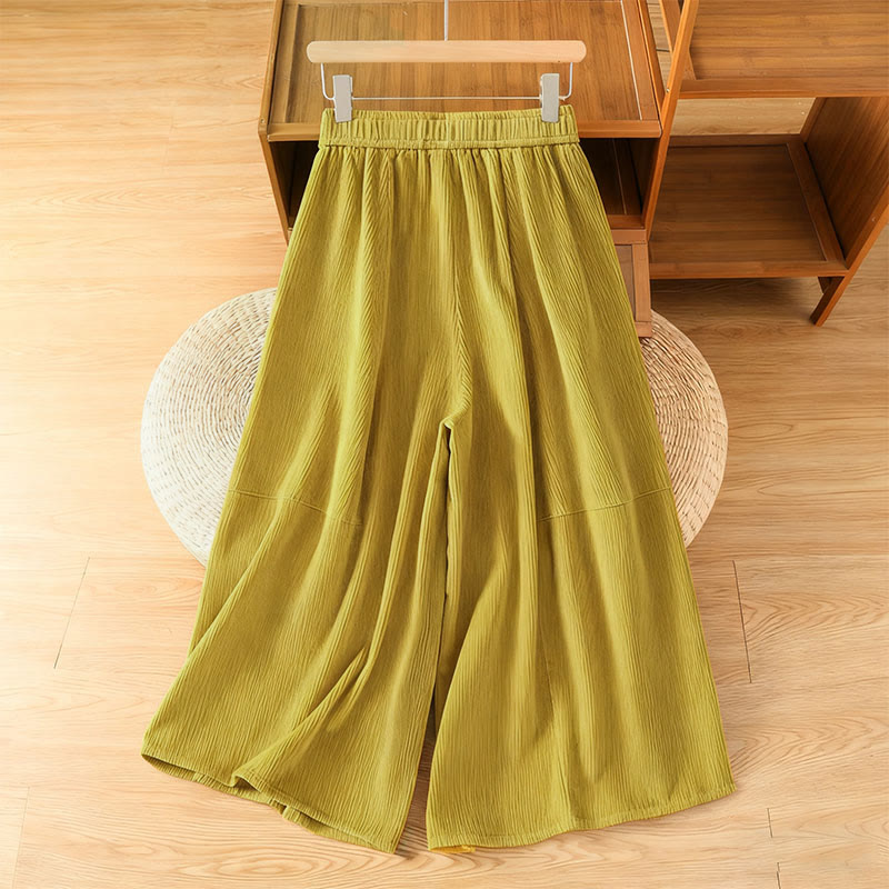 Plain Elastic Waist Women's Cropped 7-8 Length Wide Leg Corduroy Pants