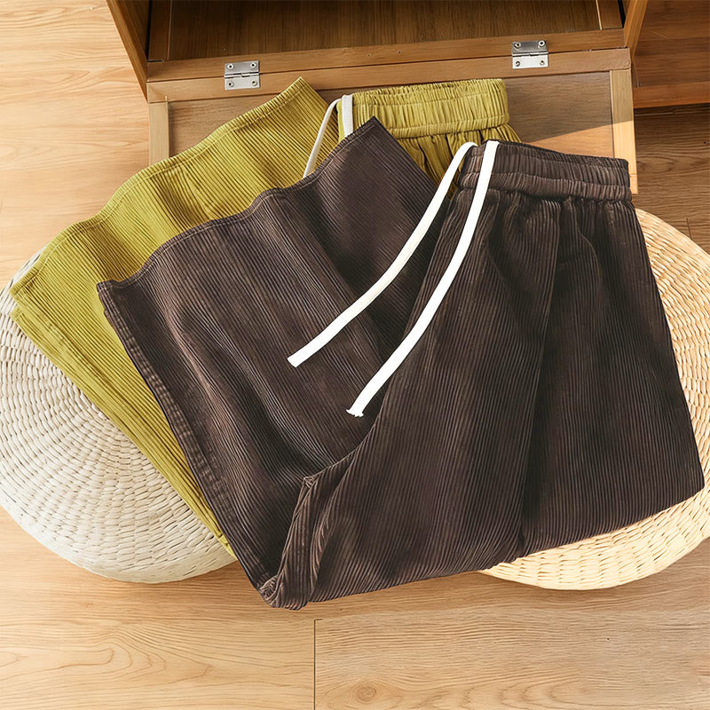 Plain Elastic Waist Women's Cropped 7-8 Length Wide Leg Corduroy Pants