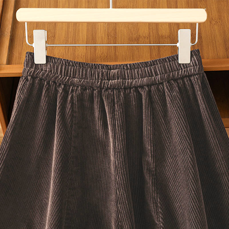 Plain Elastic Waist Women's Cropped 7-8 Length Wide Leg Corduroy Pants