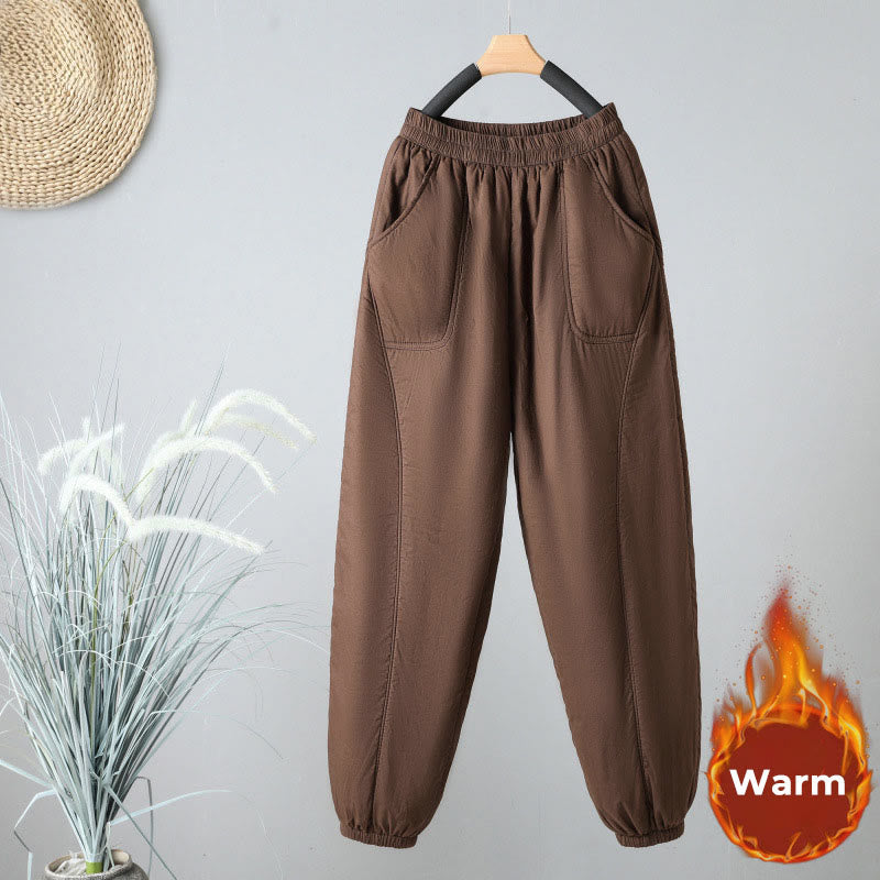 Winter Elastic Waist Cotton Thermal Women's Cropped 7-8 Length Harem Pants With Pockets
