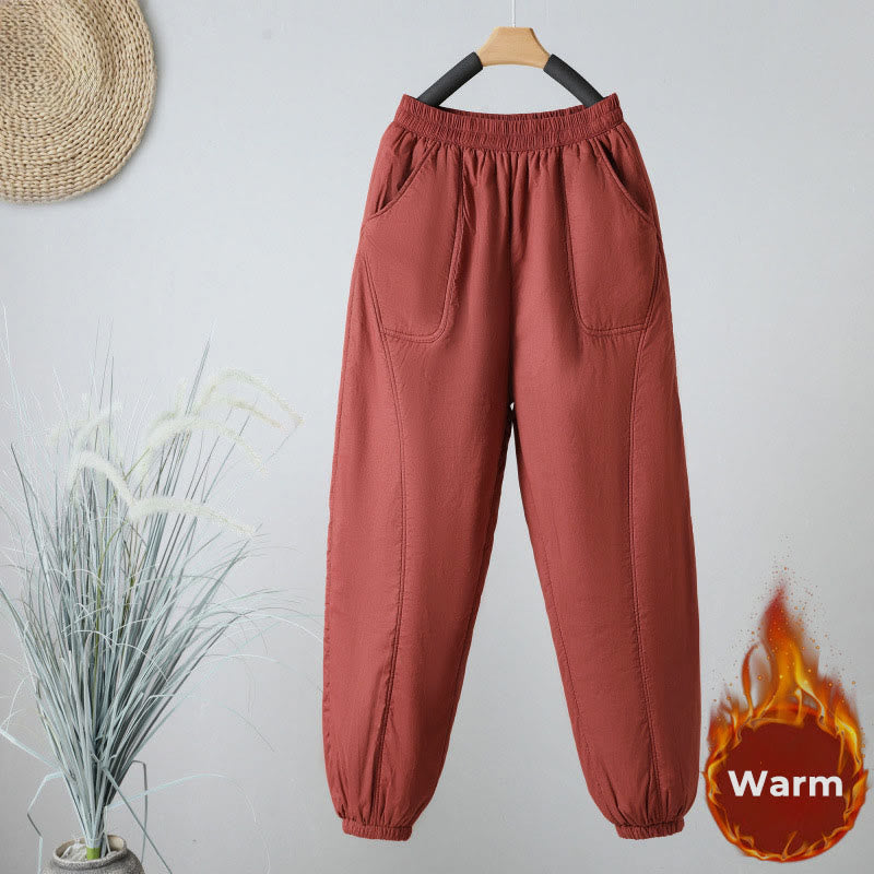 Winter Elastic Waist Cotton Thermal Women's Cropped 7-8 Length Harem Pants With Pockets
