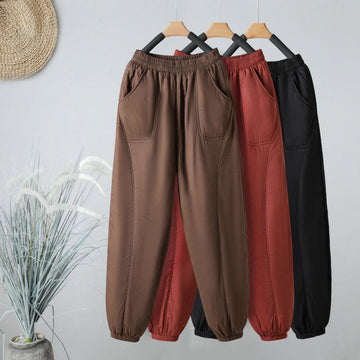 Winter Elastic Waist Cotton Thermal Women's Cropped 7-8 Length Harem Pants With Pockets