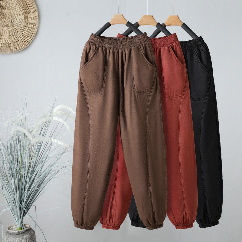 Winter Elastic Waist Cotton Thermal Women's Cropped 7-8 Length Harem Pants With Pockets