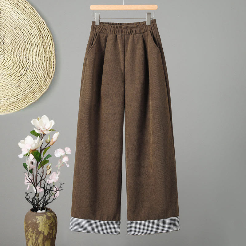 Plain Elastic Waist Patchwork Plaid Women's Ankle-Length Wide Leg Corduroy Pants