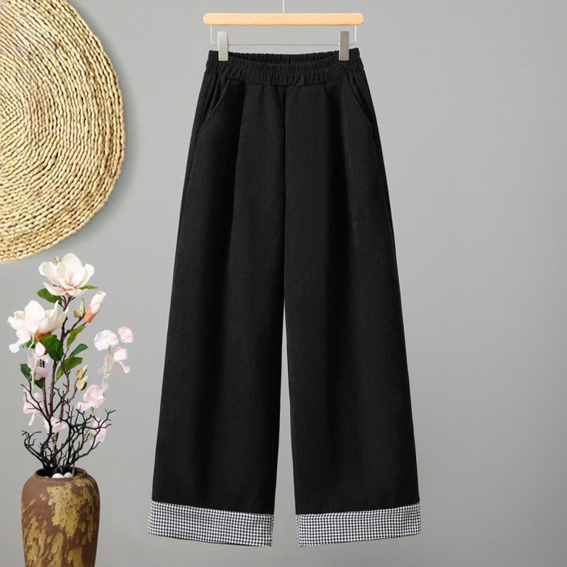 Plain Elastic Waist Patchwork Plaid Women's Ankle-Length Wide Leg Corduroy Pants