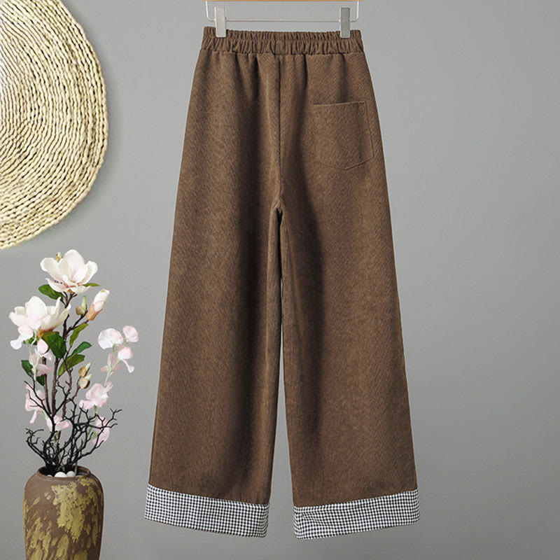 Plain Elastic Waist Patchwork Plaid Women's Ankle-Length Wide Leg Corduroy Pants