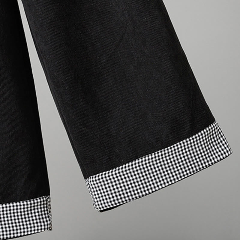 Plain Elastic Waist Patchwork Plaid Women's Ankle-Length Wide Leg Corduroy Pants