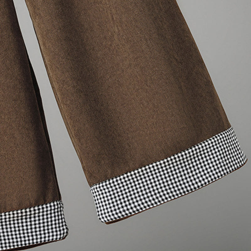 Plain Elastic Waist Patchwork Plaid Women's Ankle-Length Wide Leg Corduroy Pants