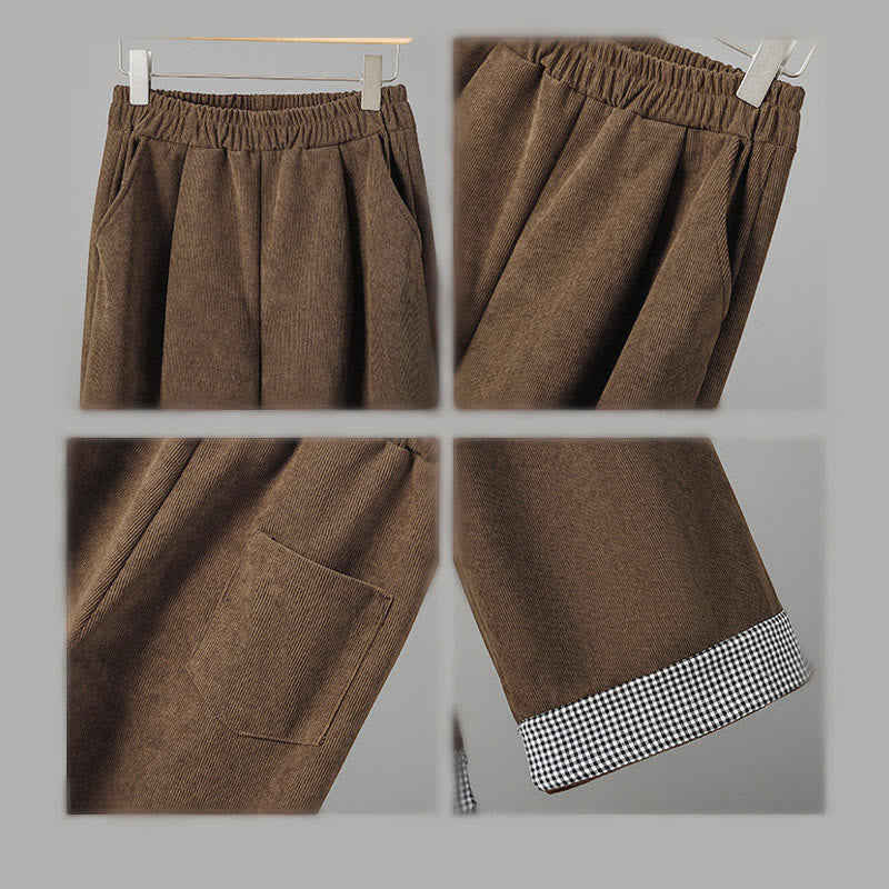 Plain Elastic Waist Patchwork Plaid Women's Ankle-Length Wide Leg Corduroy Pants