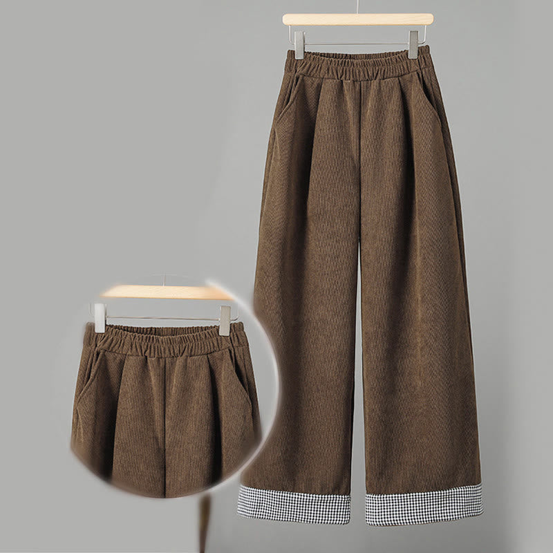 Plain Elastic Waist Patchwork Plaid Women's Ankle-Length Wide Leg Corduroy Pants