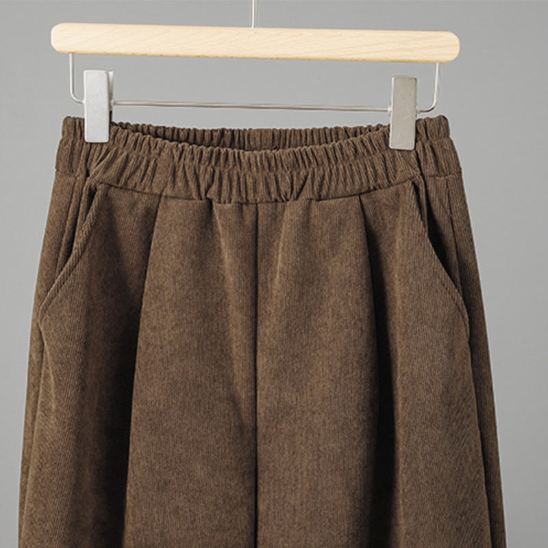 Plain Elastic Waist Patchwork Plaid Women's Ankle-Length Wide Leg Corduroy Pants