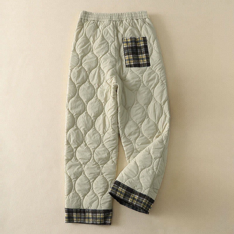 Winter Curved Lines Elastic Waist Drawstring Patchwork Plaid Cotton Thermal Women's Pants With Pockets