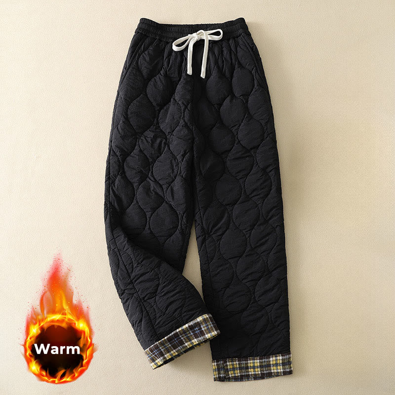 Winter Curved Lines Elastic Waist Drawstring Patchwork Plaid Cotton Thermal Women's Pants With Pockets