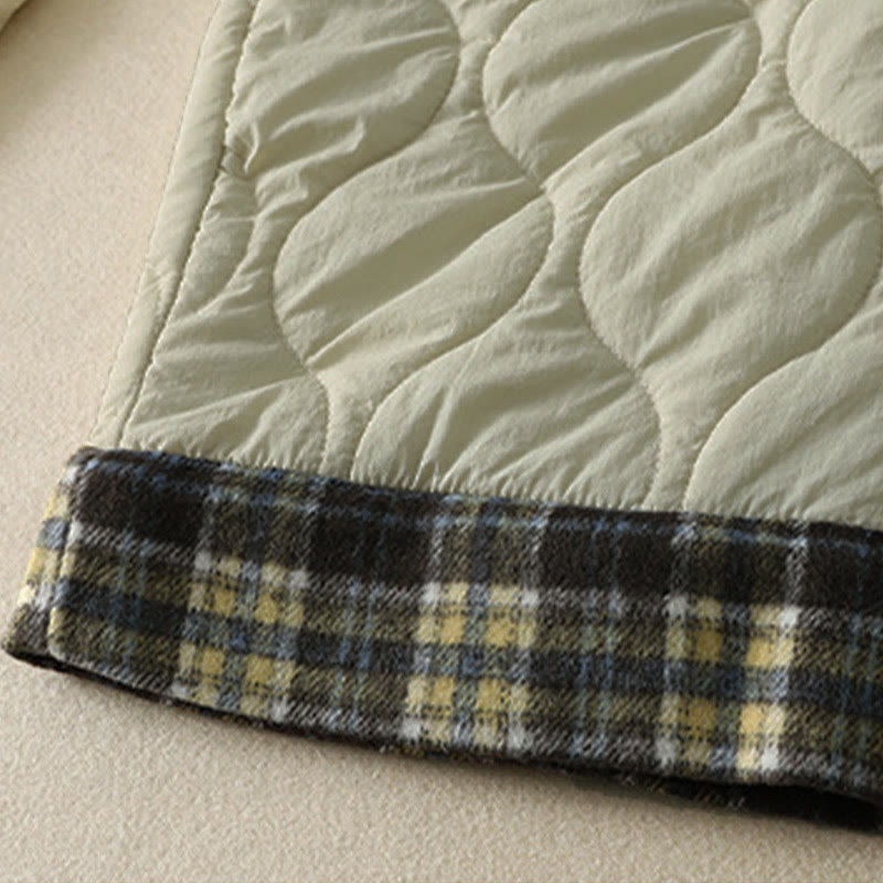 Winter Curved Lines Elastic Waist Drawstring Patchwork Plaid Cotton Thermal Women's Pants With Pockets