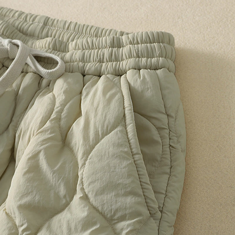 Winter Curved Lines Elastic Waist Drawstring Patchwork Plaid Cotton Thermal Women's Pants With Pockets