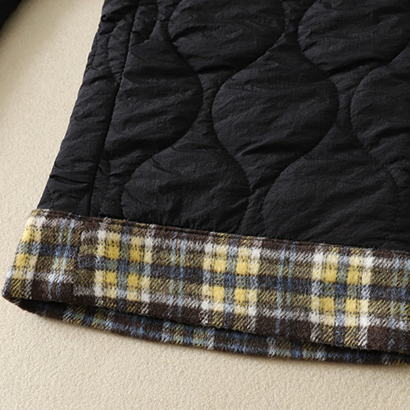 Winter Curved Lines Elastic Waist Drawstring Patchwork Plaid Cotton Thermal Women's Pants With Pockets