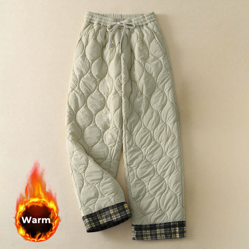 Winter Curved Lines Elastic Waist Drawstring Patchwork Plaid Cotton Thermal Women's Pants With Pockets