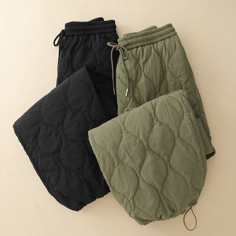 Winter Curved Lines Elastic Waist Drawstring Cotton Thermal Women's Pants With Pockets