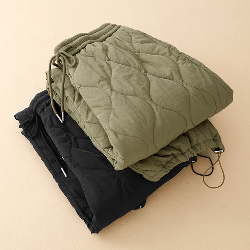 Winter Curved Lines Elastic Waist Drawstring Cotton Thermal Women's Pants With Pockets