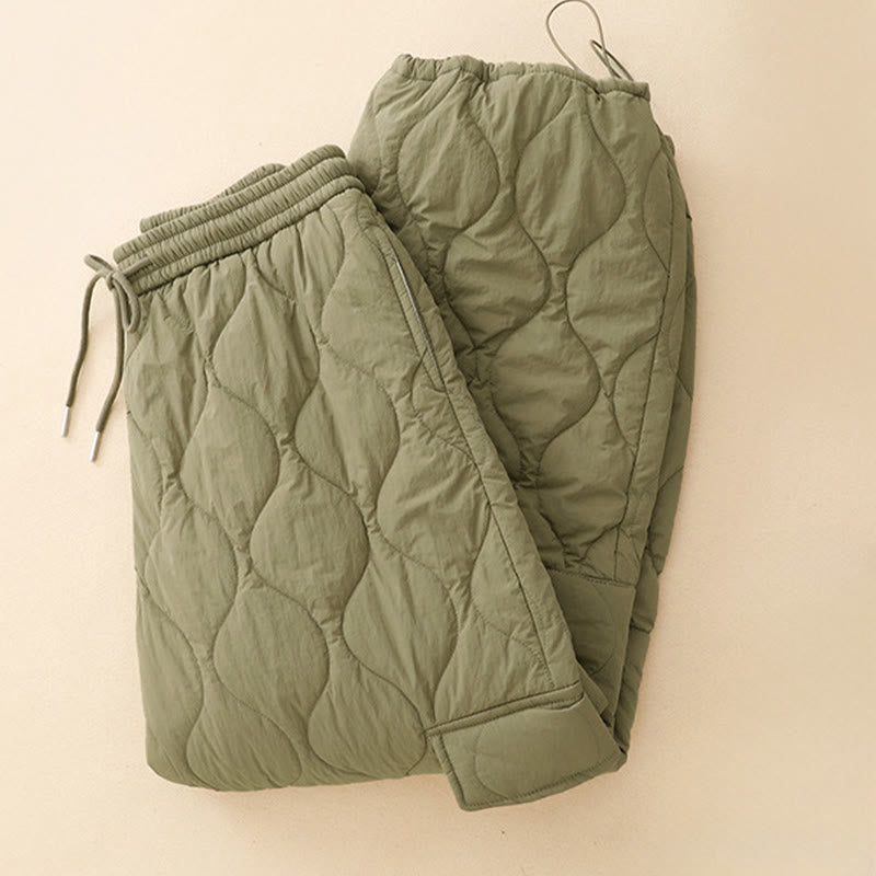 Winter Curved Lines Elastic Waist Drawstring Cotton Thermal Women's Pants With Pockets