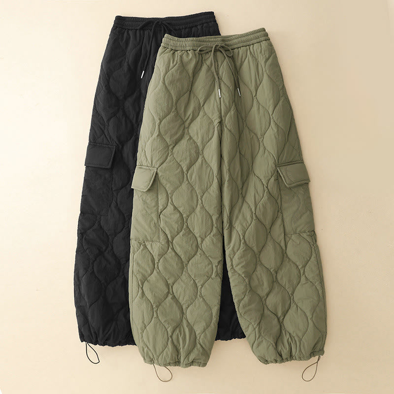 Winter Curved Lines Elastic Waist Drawstring Cotton Thermal Women's Pants With Pockets