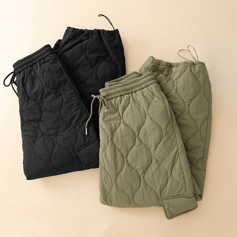 Winter Curved Lines Elastic Waist Drawstring Cotton Thermal Women's Pants With Pockets