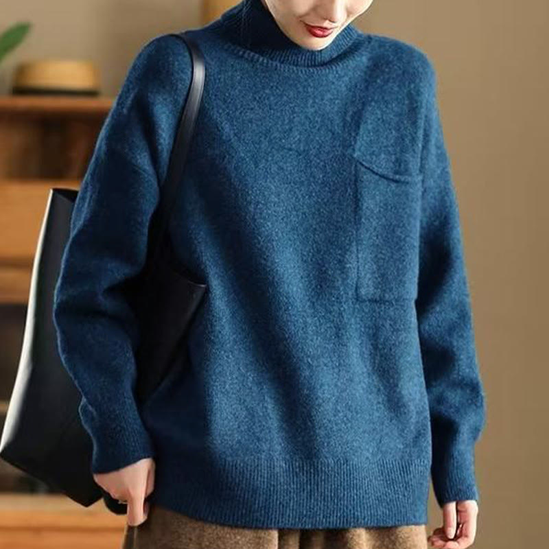 Winter Solid Color Mock Neck Long Sleeve Women's Knitted Cotton Sweater