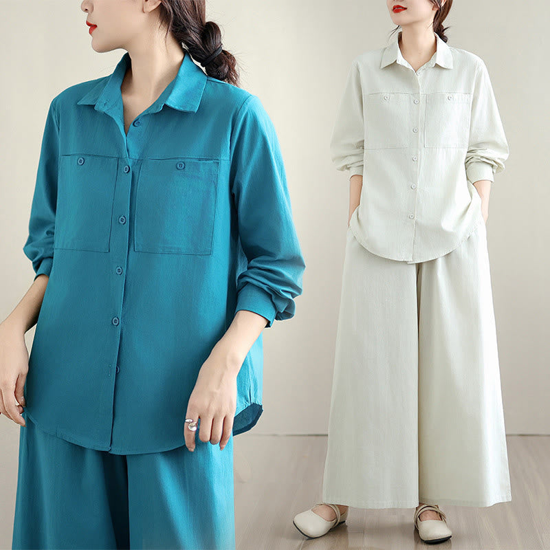 Breathable Cotton Blend Wide-Leg Lounge and Meditation Two-Piece Set