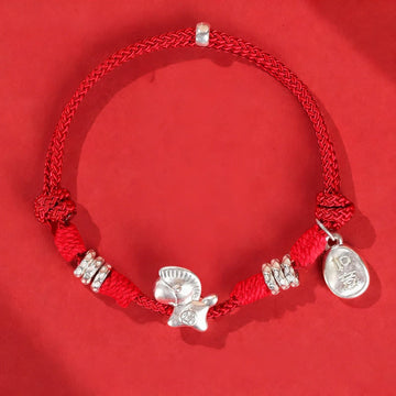 999 Sterling Silver Year of the Horse Ruyi Red String Braided Bracelet