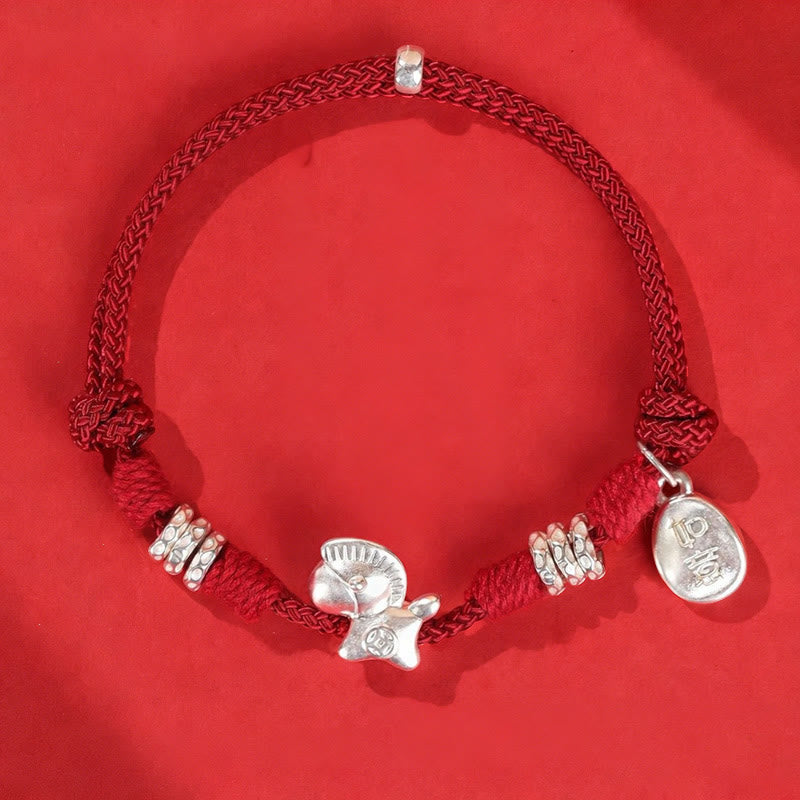 999 Sterling Silver Year of the Horse Ruyi Red String Braided Bracelet