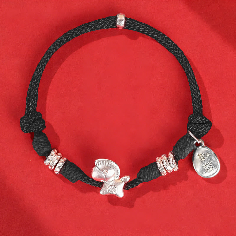 999 Sterling Silver Year of the Horse Ruyi Red String Braided Bracelet
