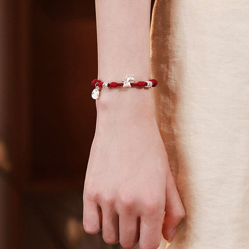 999 Sterling Silver Year of the Horse Ruyi Red String Braided Bracelet