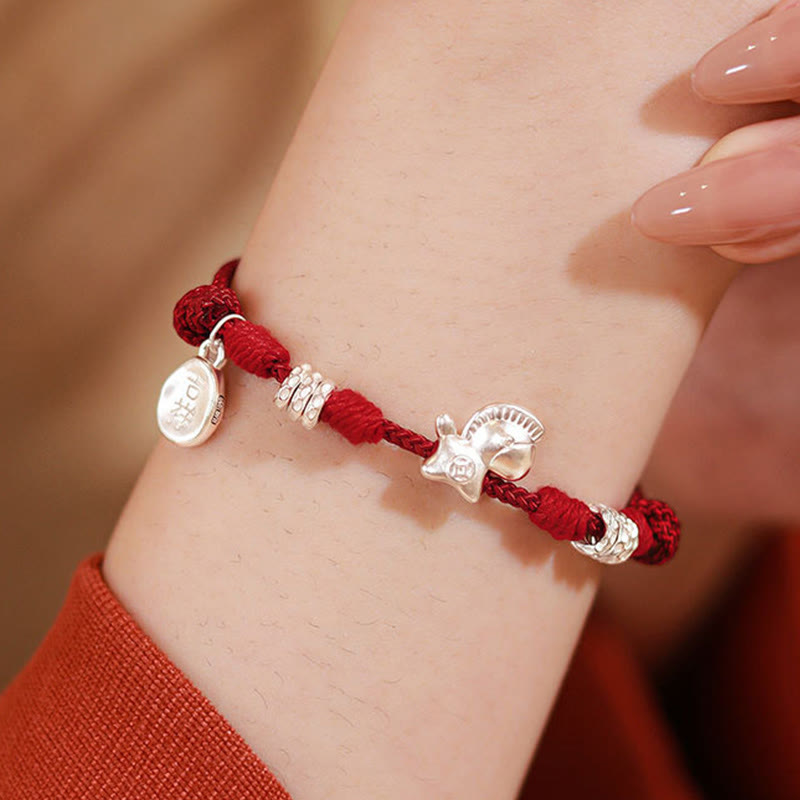 999 Sterling Silver Year of the Horse Ruyi Red String Braided Bracelet