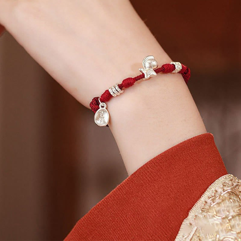 999 Sterling Silver Year of the Horse Ruyi Red String Braided Bracelet