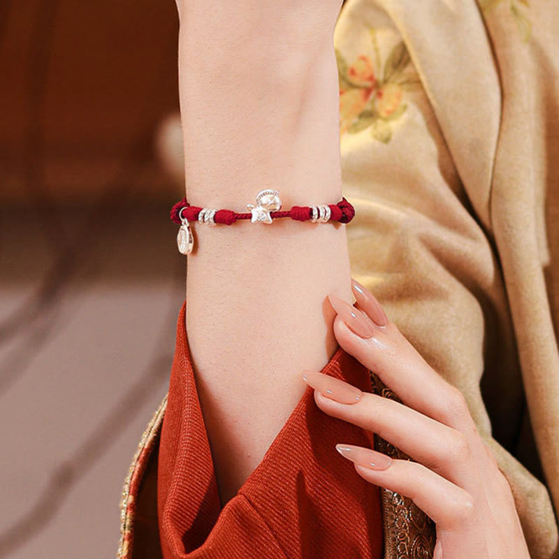 999 Sterling Silver Year of the Horse Ruyi Red String Braided Bracelet