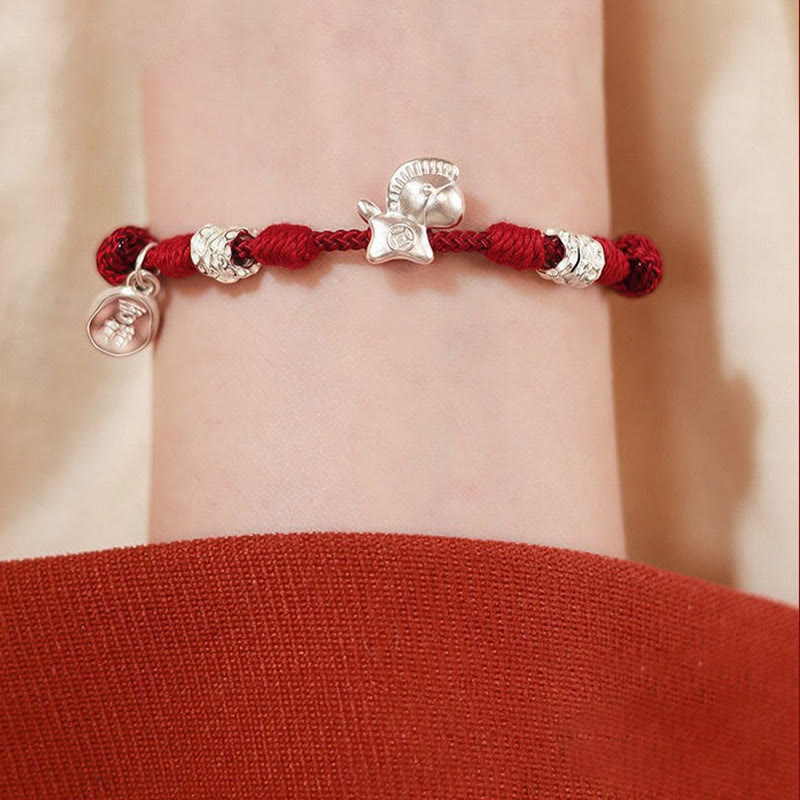 999 Sterling Silver Year of the Horse Ruyi Red String Braided Bracelet