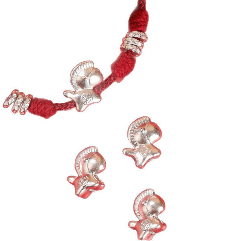 999 Sterling Silver Year of the Horse Ruyi Red String Braided Bracelet