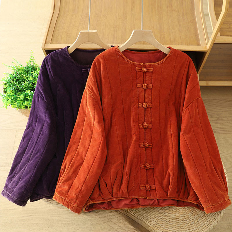 Winter Frog-button Polyester Long Sleeve Corduroy Women's Jacket