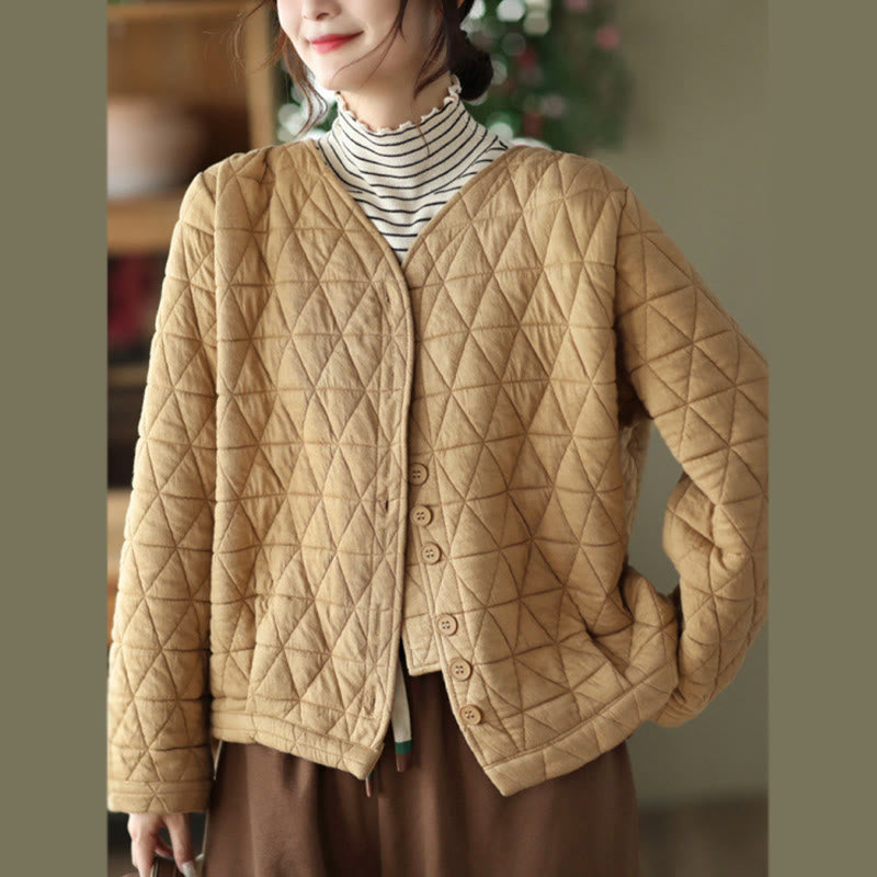 Winter Cotton Long Sleeve Diamond Pattern Women's Thermal Jacket With Pockets