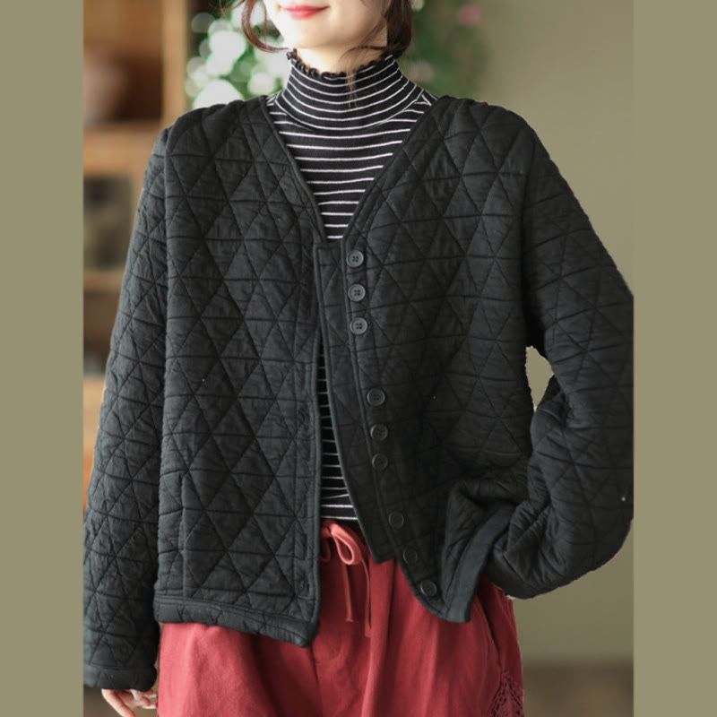 Winter Cotton Long Sleeve Diamond Pattern Women's Thermal Jacket With Pockets