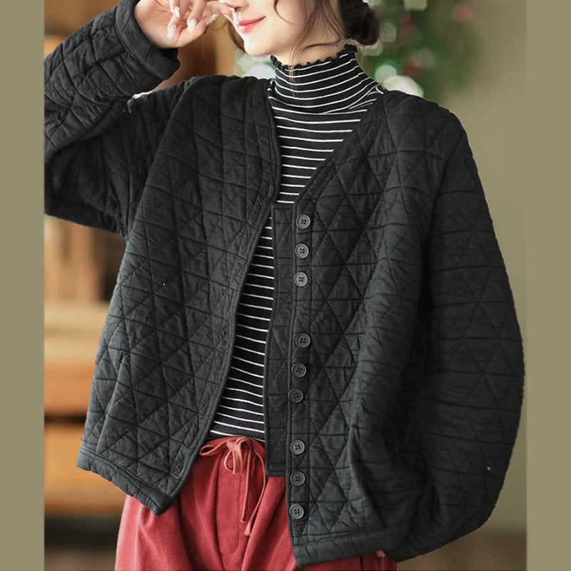 Winter Cotton Long Sleeve Diamond Pattern Women's Thermal Jacket With Pockets