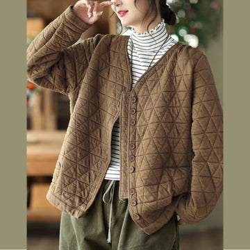 Winter Cotton Long Sleeve Diamond Pattern Women's Thermal Jacket With Pockets