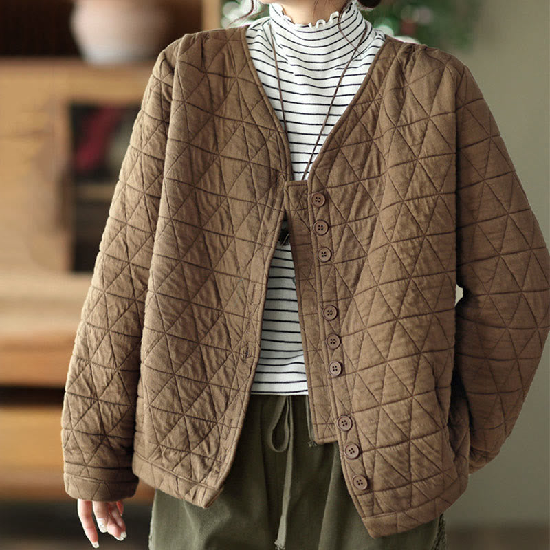 Winter Cotton Long Sleeve Diamond Pattern Women's Thermal Jacket With Pockets
