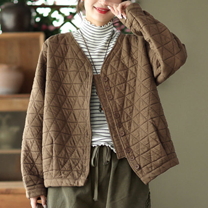 Winter Cotton Long Sleeve Diamond Pattern Women's Thermal Jacket With Pockets