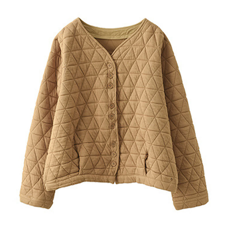 Winter Cotton Long Sleeve Diamond Pattern Women's Thermal Jacket With Pockets