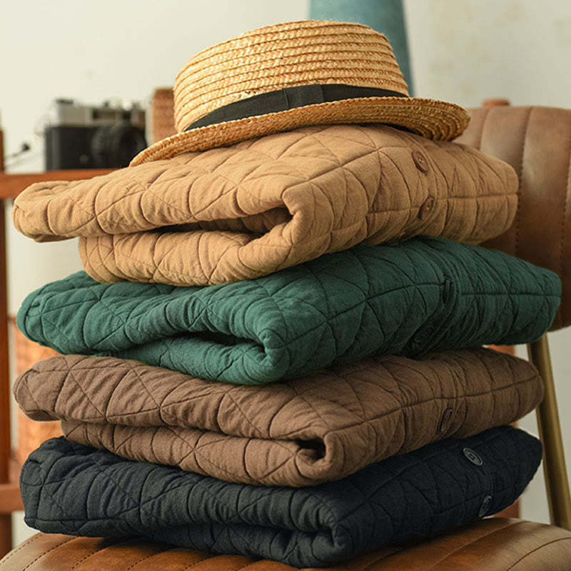 Winter Cotton Long Sleeve Diamond Pattern Women's Thermal Jacket With Pockets