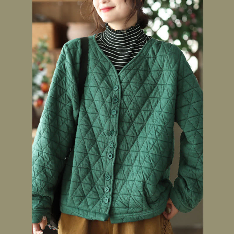 Winter Cotton Long Sleeve Diamond Pattern Women's Thermal Jacket With Pockets